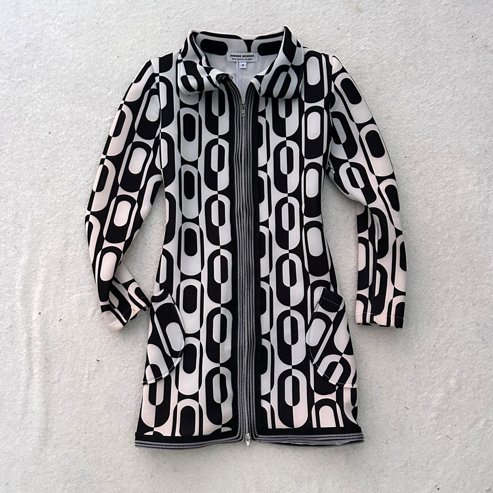 Sohung Designs Black White Geometric Zipper Tunic Dress Jacket Women's Size S